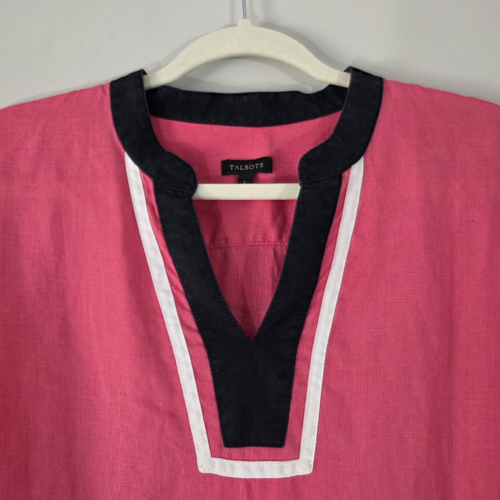 Talbots 100% Linen Long Sleeve Tunic Top Blouse Shirt Pink Navy Women's Large - Picture 3 of 9